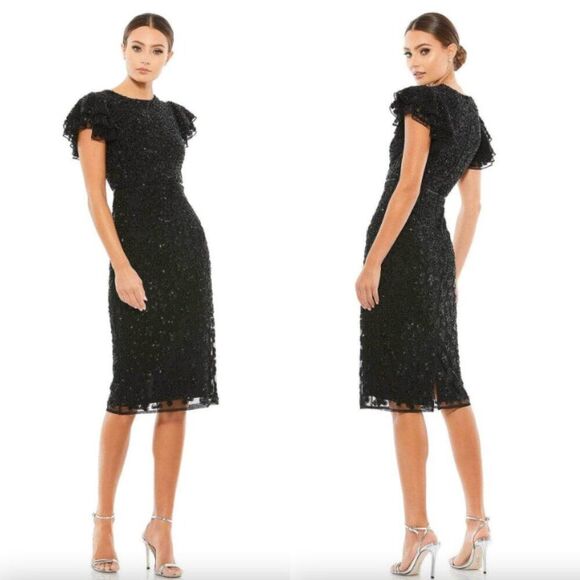 NWT Mac Duggal black sequin embellished floral flutter sleeve midi dress - Picture 1 of 6